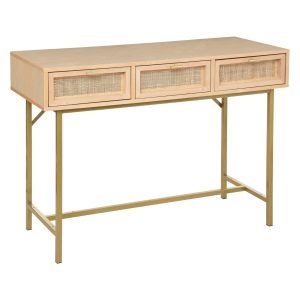 Bureau 3 tiroirs en métal et cannage 110×40