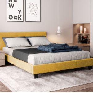 Lit en tissus ocre 140×190 + sommier à latte
