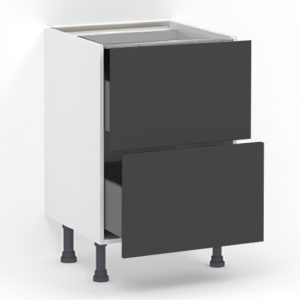 Meuble bas 2 tiroirs casseroliers (Soft close) L60 x H85 x P58 – Gris mélaminé mat – meuble livré monté