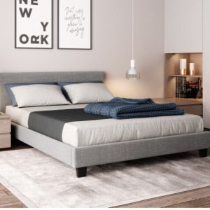 Lit en tissus gris 140×190 + sommier à latte