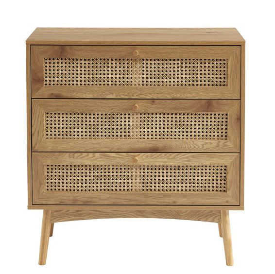 Commode effet chêne et cannage rotin 3 tiroirs L80cm x P40 x H85 cm