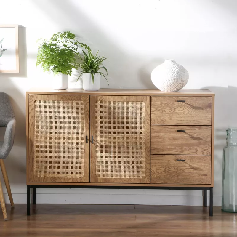 Buffet 2 portes et 3 tiroirs en rotin L120 – Image 4