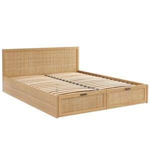 Lit en bois avec 2 tiroirs en rotin 140×190 (sommier inclus)
