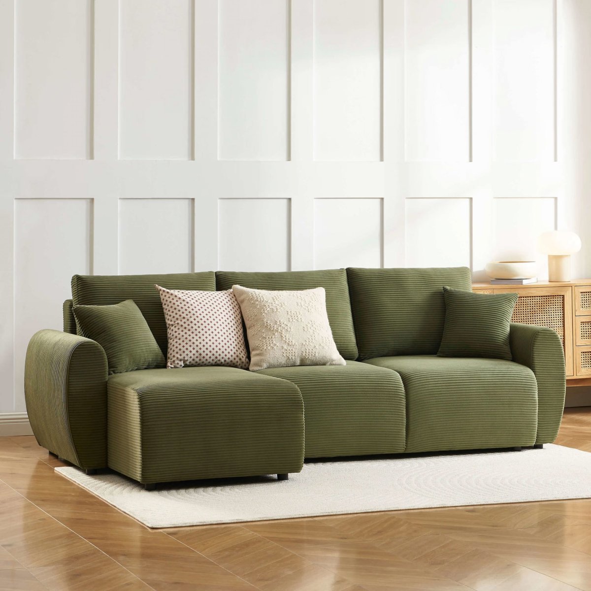 Canapé droit convertible 4 places en velours côtelé vert olive – Image 9