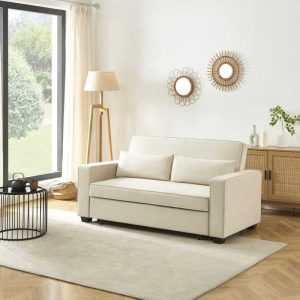 Canapé droit convertible 2 places en velours beige