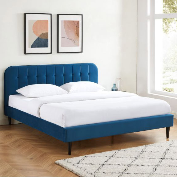 Lit en velours bleu nuit 140×190 + sommier à latte – Image 2